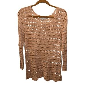 Pure Collection tan khaki crochet open knit crew neck sweater M